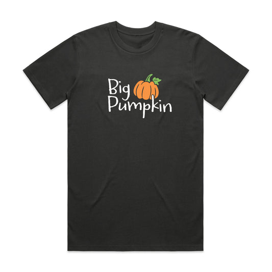 Coal black crew-neck T-shirt with Big Pumpkin graphic and orange pumpkin illustration