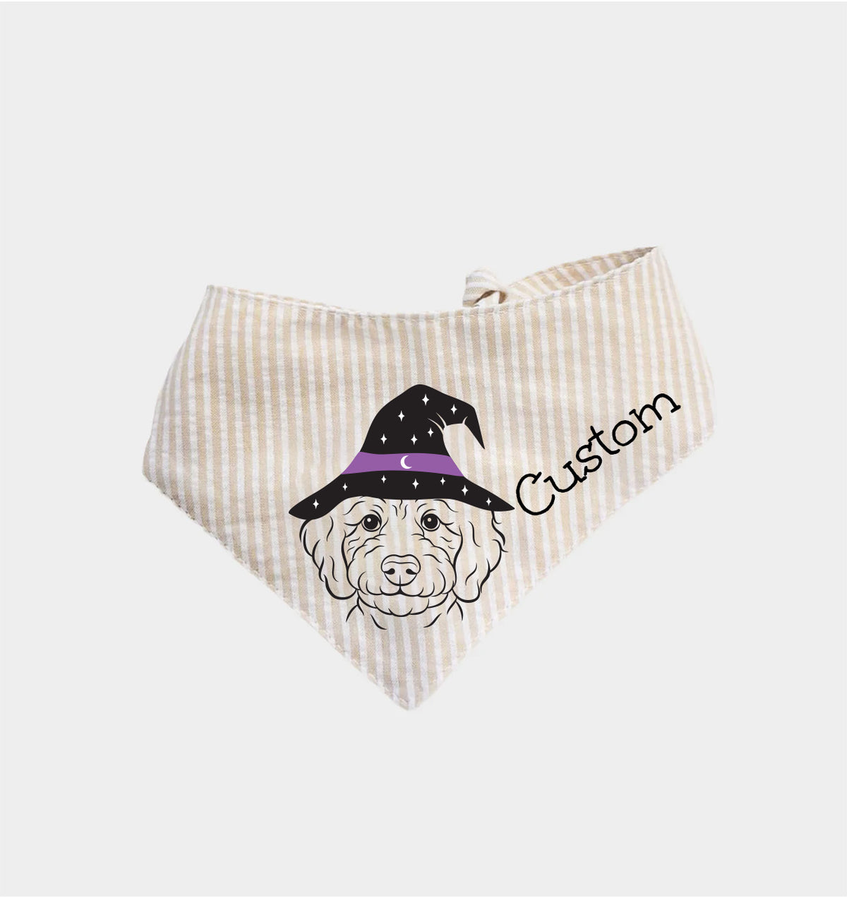 Natural striped dog bandana with witch hat dog face graphic and Custom text