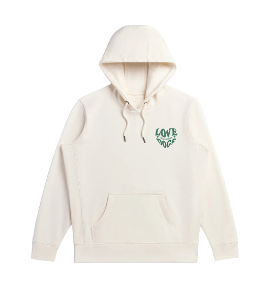 Natural white pullover hoodie with kangaroo pocket and small green dog logo