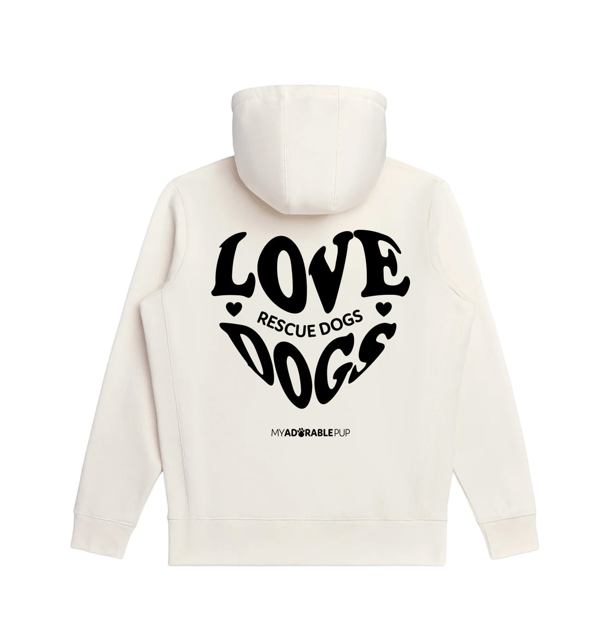 Cream Love Rescue Dogs graphic hoodie with black text and logo, pullover hood