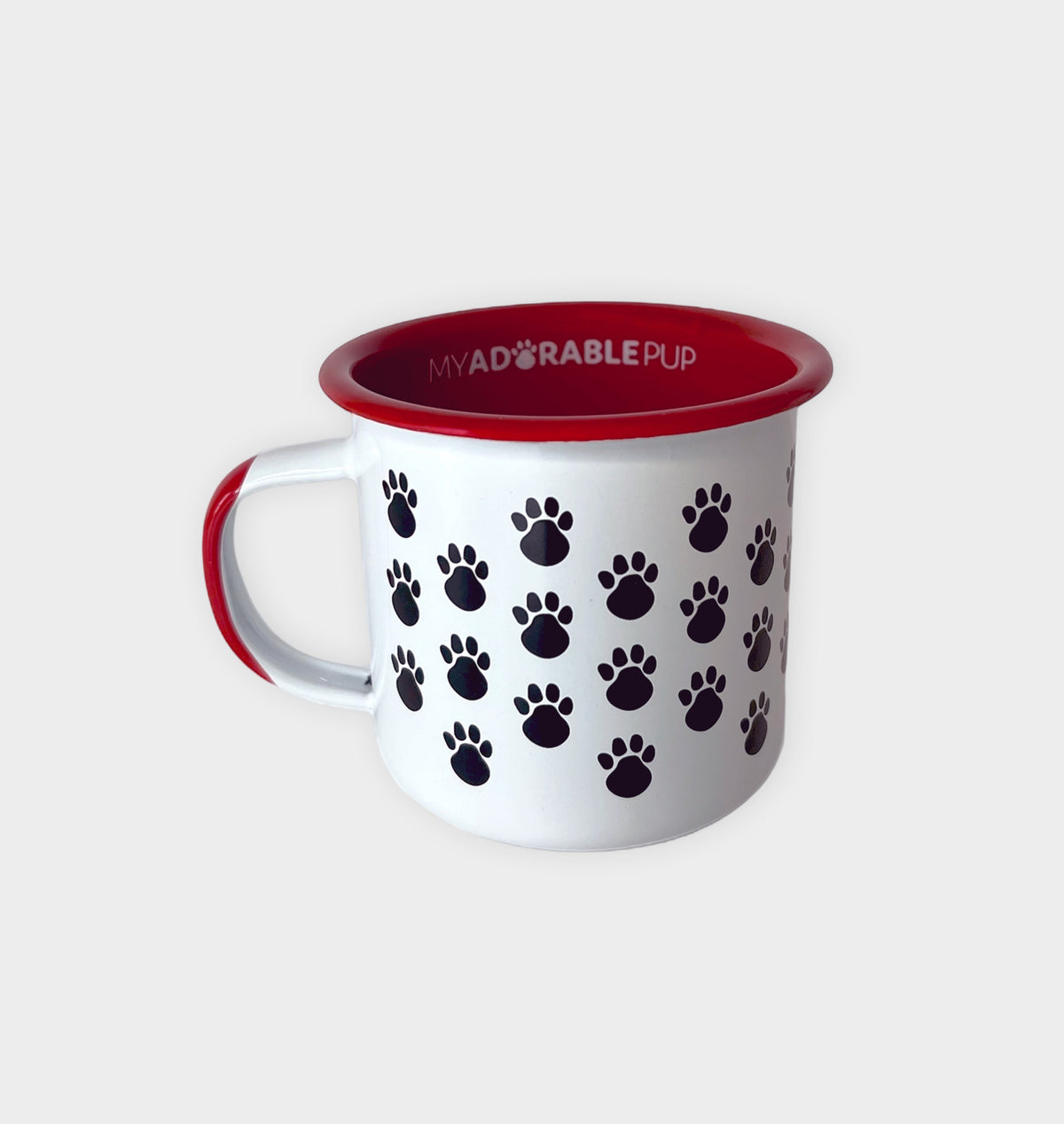 Enamel campfire mug, red rim and handle, white with paw prints and MYADORABLEPUP