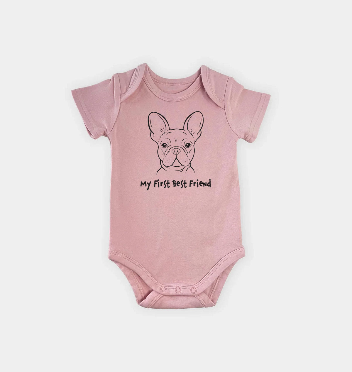 Pink baby onesie with animal graphic, short sleeves, snap-button bottom