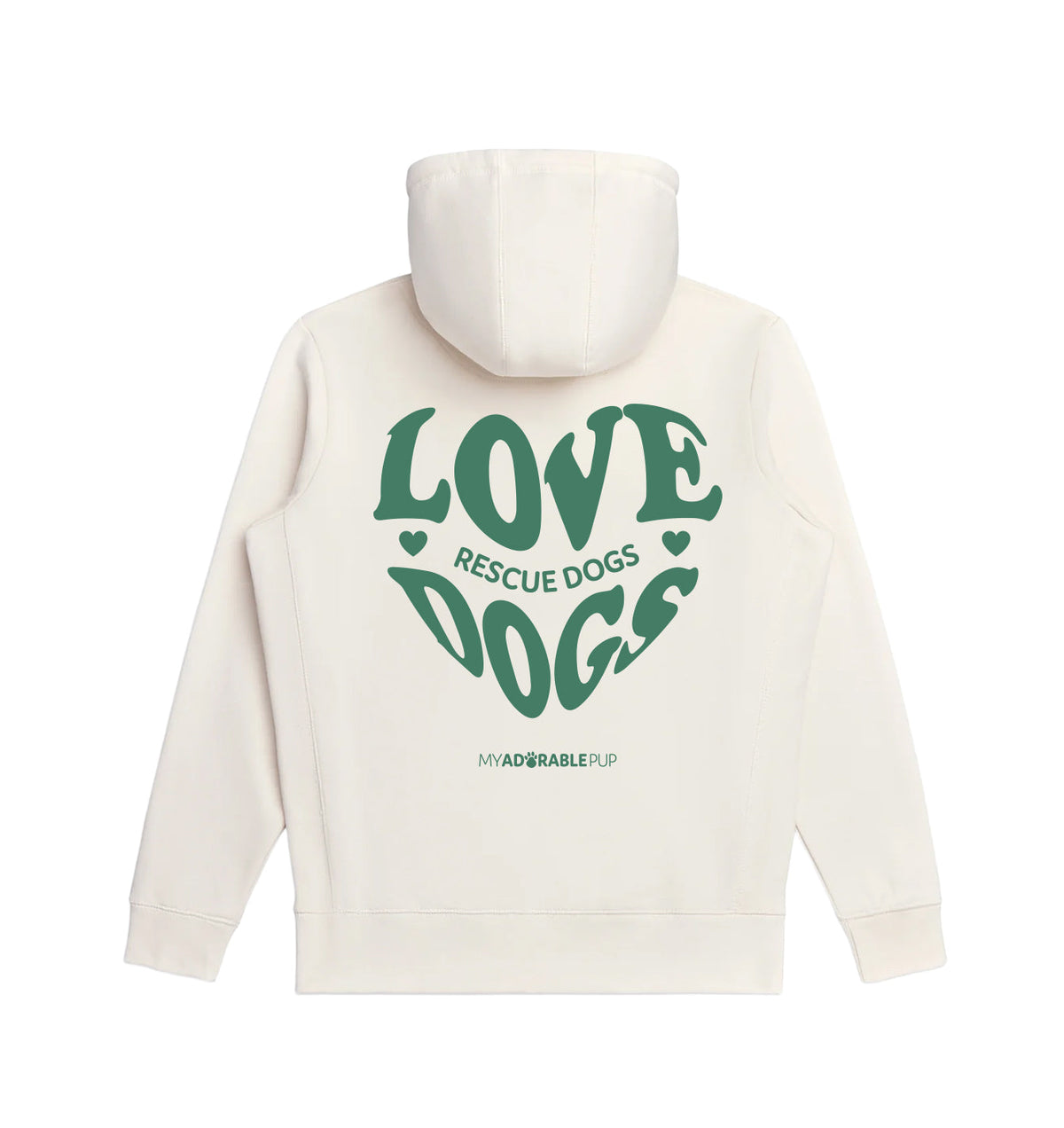 White hoodie with green Love Rescue Dogs graphic and small brand text below