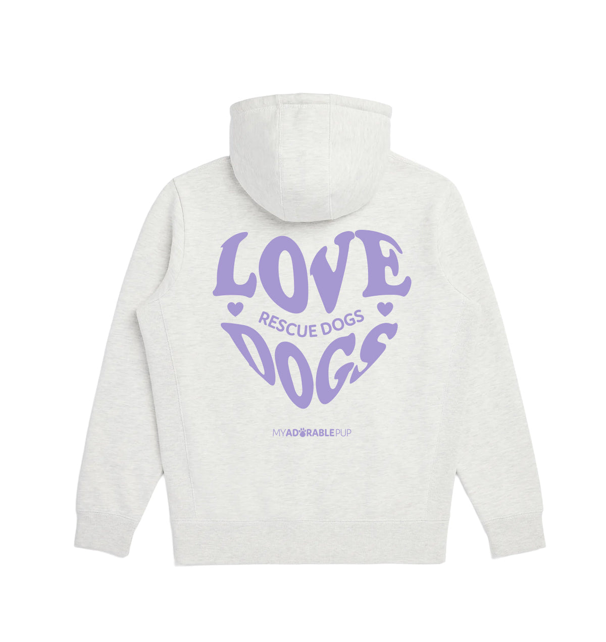 Light gray hoodie with large purple Love Rescue Dogs graphic on back