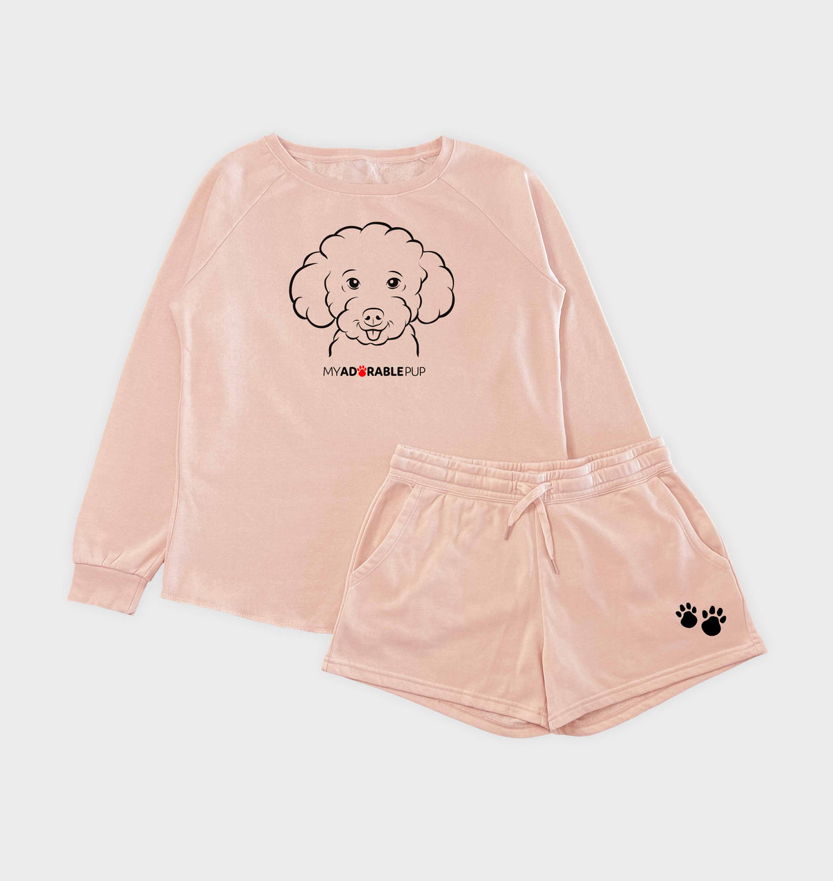 Blush pink crew sweatshirt and matching shorts with paw print and dog graphic