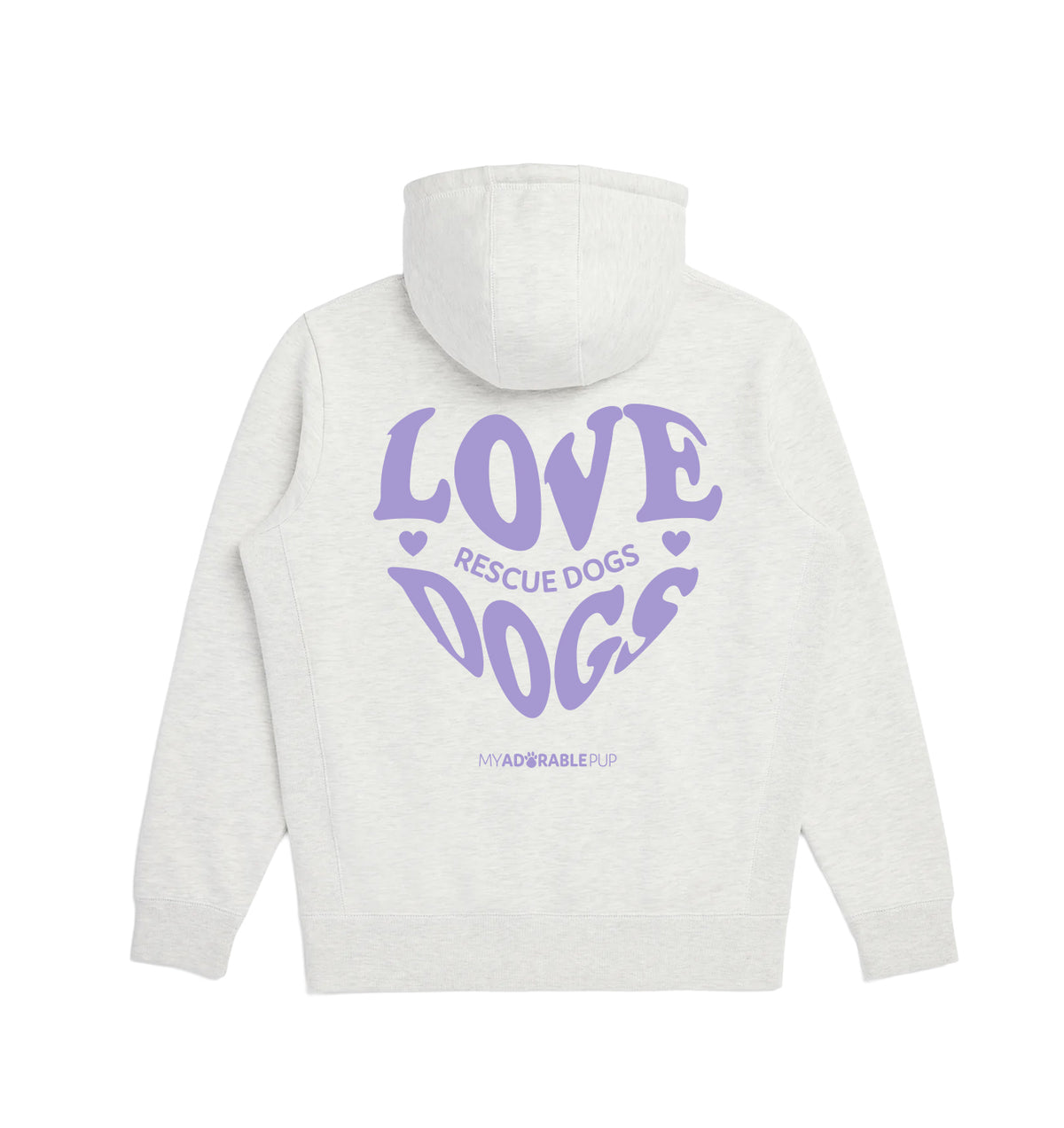 Light gray hoodie with large purple Love Rescue Dogs graphic on back