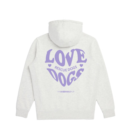 Light gray hoodie with large purple Love Rescue Dogs graphic on back