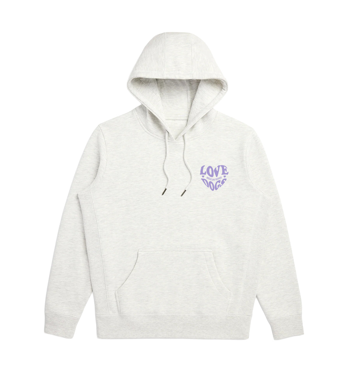 Light gray pullover hoodie with front hood and small purple dog logo