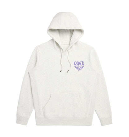 Light gray pullover hoodie with front hood and small purple dog logo