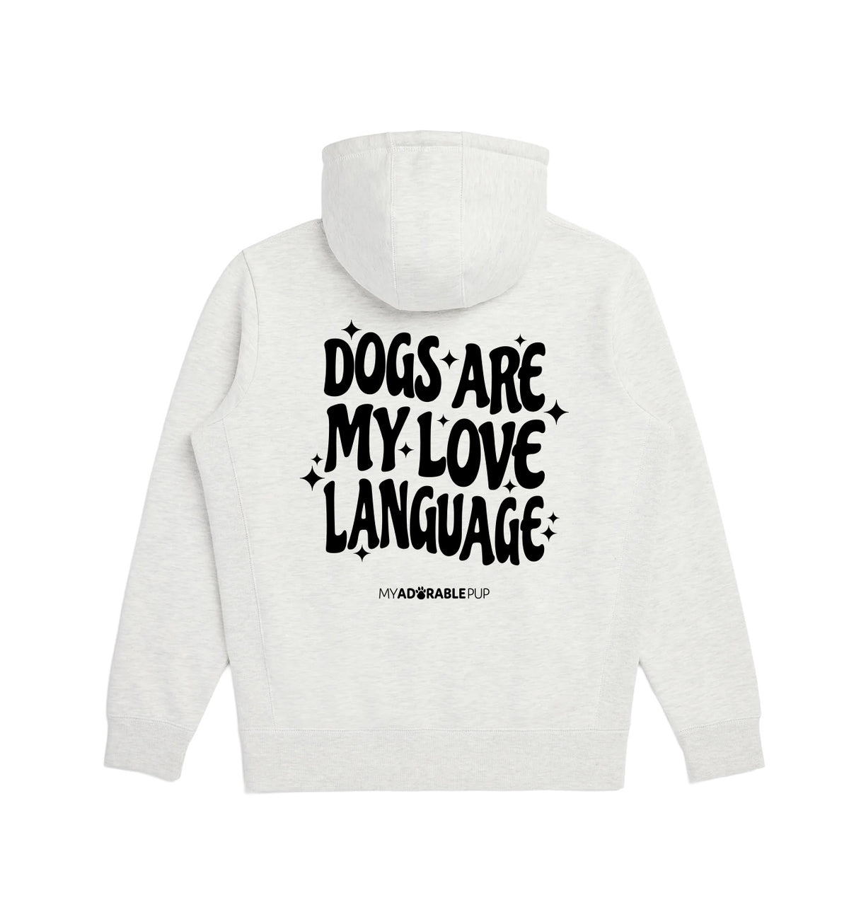 Light gray hoodie with large back graphic text and kangaroo pocket