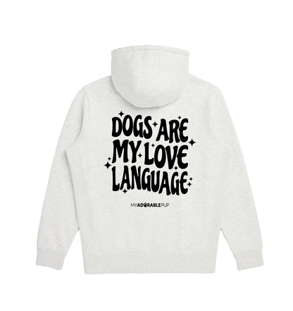 Light gray hoodie with large back graphic text and kangaroo pocket