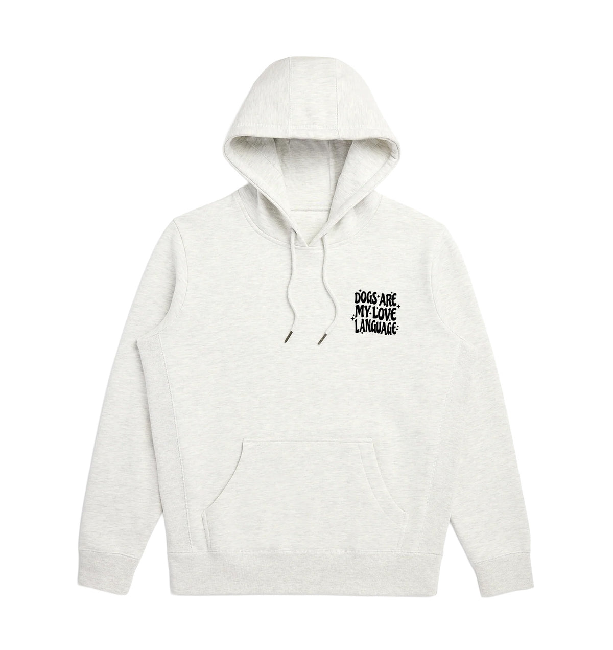 Light gray pullover hoodie with small chest graphic, hood, and kangaroo pocket