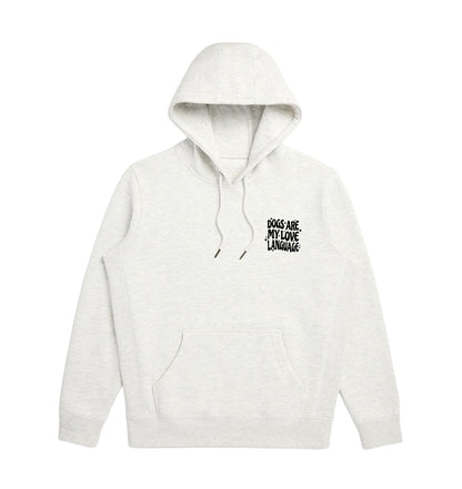 Light gray pullover hoodie with small chest graphic, hood, and kangaroo pocket