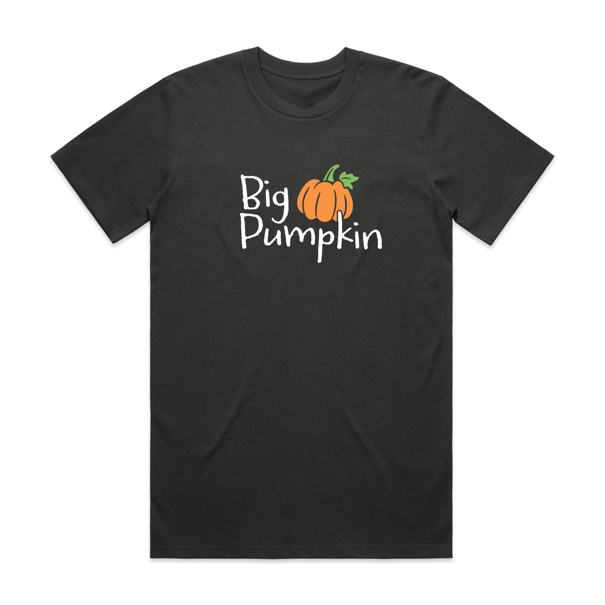 Coal black crew-neck T-shirt with Big Pumpkin graphic and orange pumpkin illustration