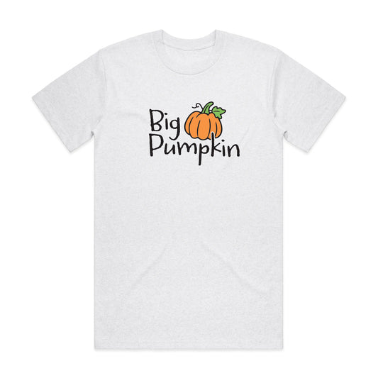 White heather crew-neck T-shirt with Big Pumpkin graphic and orange pumpkin illustration