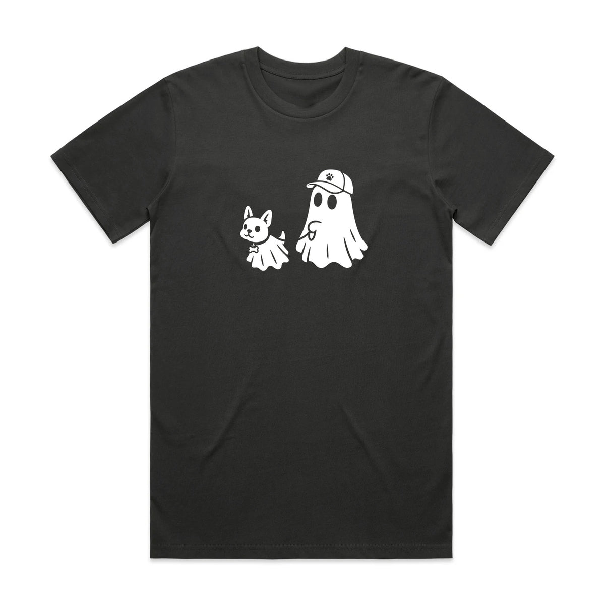 Black crewneck T-shirt with white cartoon ghost and small animal graphic