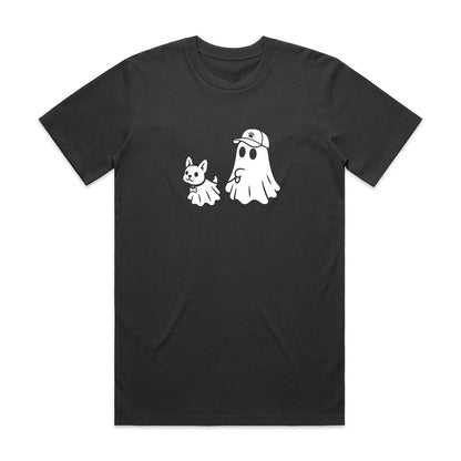 Black crewneck T-shirt with white cartoon ghost and small animal graphic