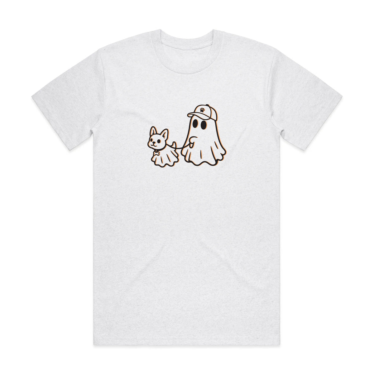 Light heather gray crewneck T-shirt with cartoon ghost and small animal graphic
