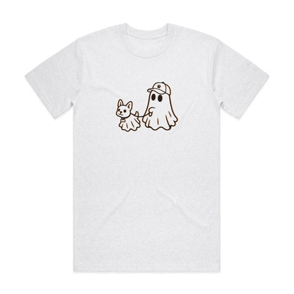 Light heather gray crewneck T-shirt with cartoon ghost and small animal graphic