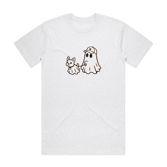 Light heather gray crewneck T-shirt with cartoon ghost and small animal graphic