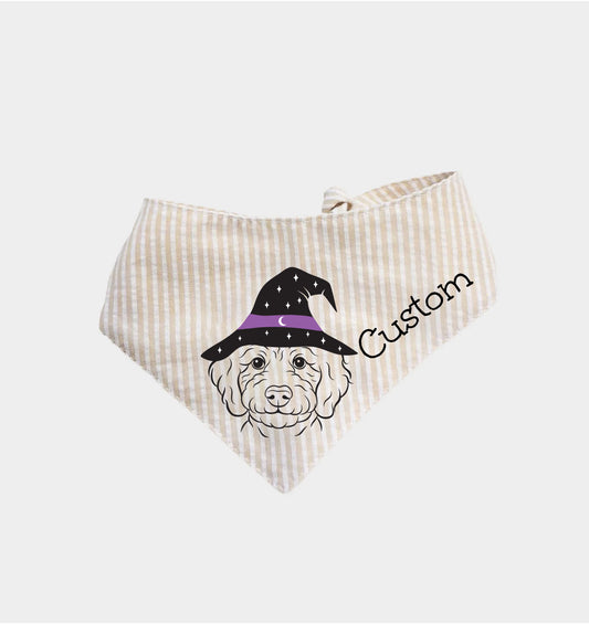 Natural striped dog bandana with witch hat dog face graphic and Custom text