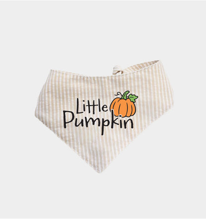 Natural beige striped dog bandana with bow and Little Pumpkin graphic
