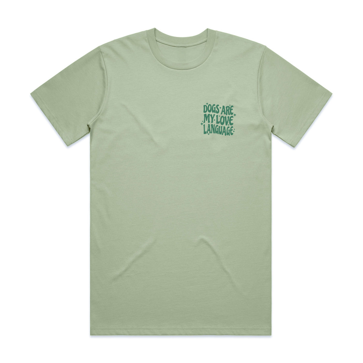 Dog love language T-shirt in light green with small chest text graphic