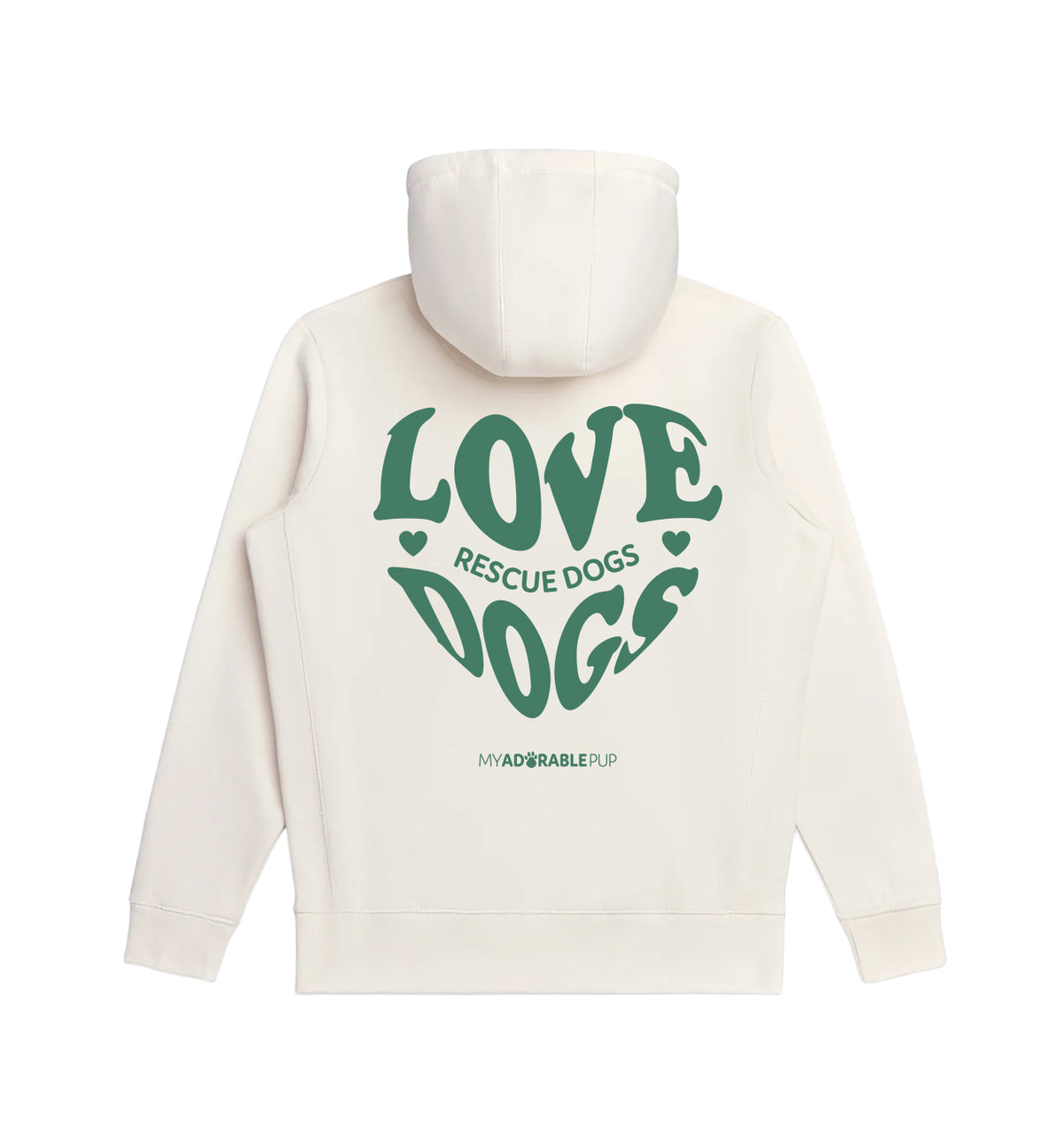 White hoodie with green Love Rescue Dogs graphic and small brand text below