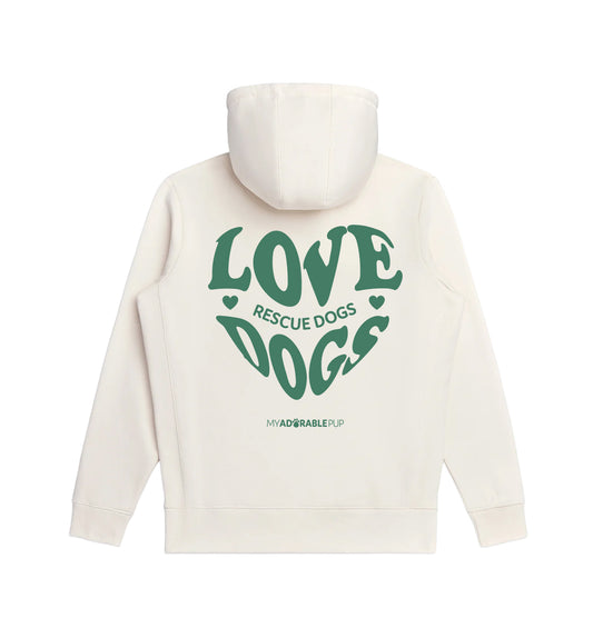 White hoodie with green Love Rescue Dogs graphic and small brand text below