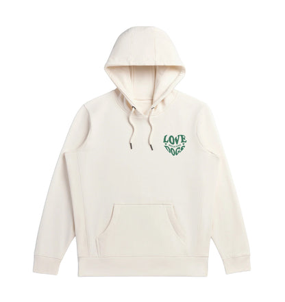 Natural white pullover hoodie with kangaroo pocket and small green dog logo