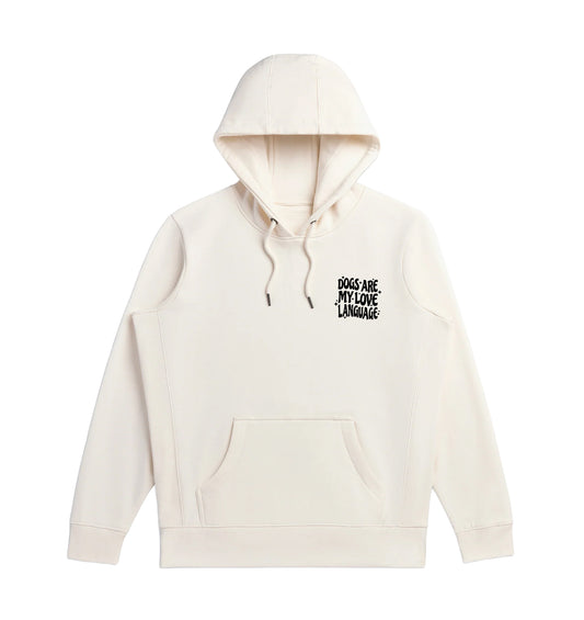Cream pullover hoodie with small chest graphic, hood, and kangaroo pocket