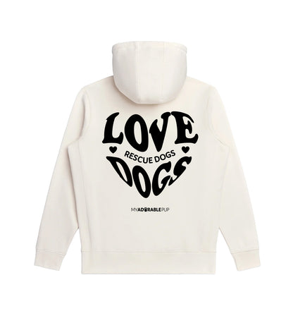 Cream Love Rescue Dogs graphic hoodie with black text and logo, pullover hood