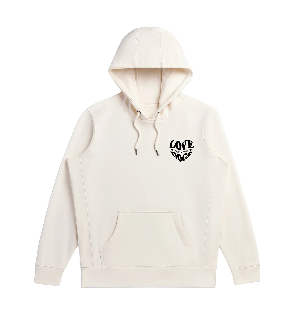 Natural white pullover hoodie with front kangaroo pocket and small black dog logo