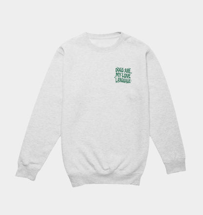 Light gray crewneck sweatshirt with small multicolor dog-love graphic on the chest