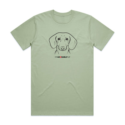 Pale green dog t-shirt with outlined dog portrait graphic on the chest