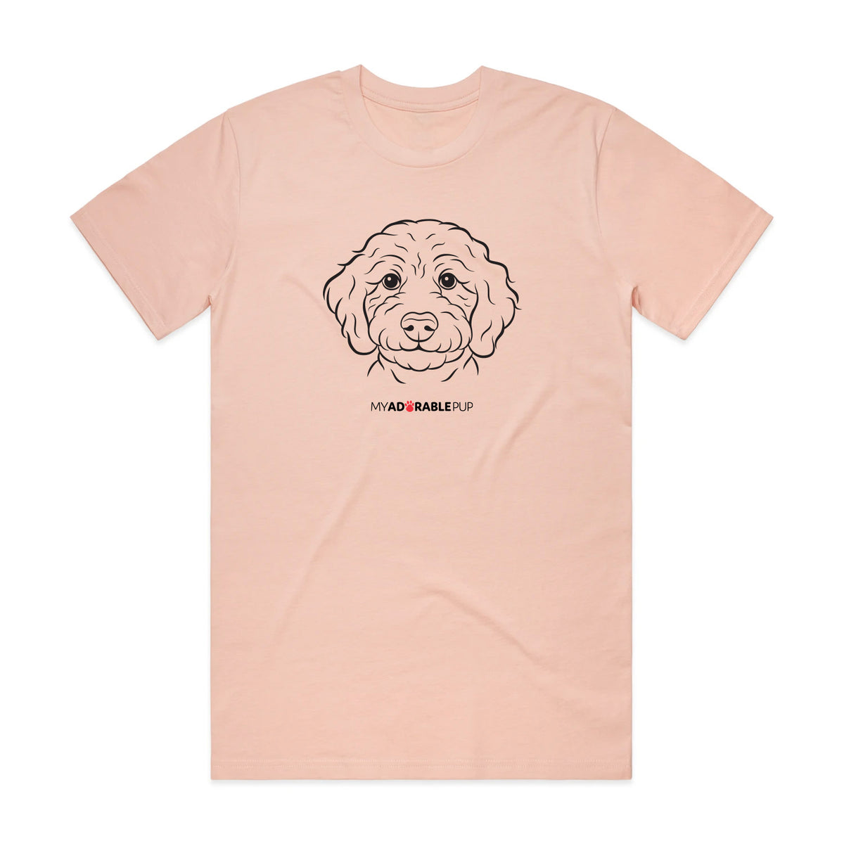 Personalized dog T-shirt, pink peach with curly dog face graphic