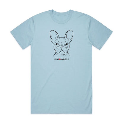 Light blue dog t-shirt with outlined dog face graphic on the chest