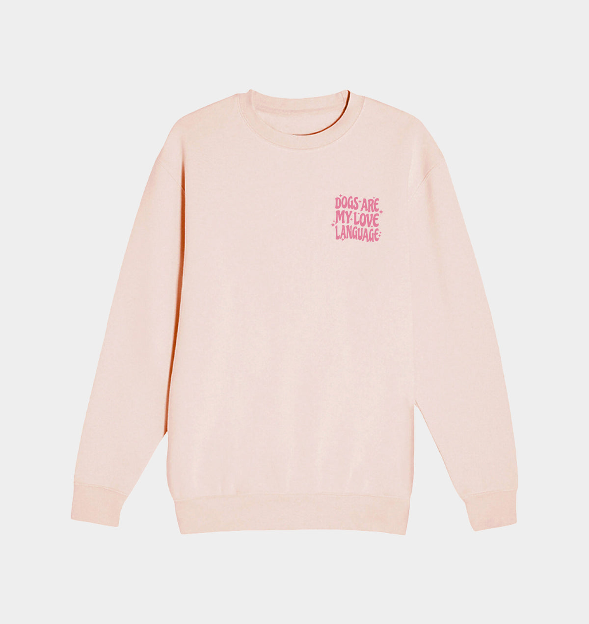 Pale pink crewneck sweatshirt with small multicolor dog-love graphic on the chest