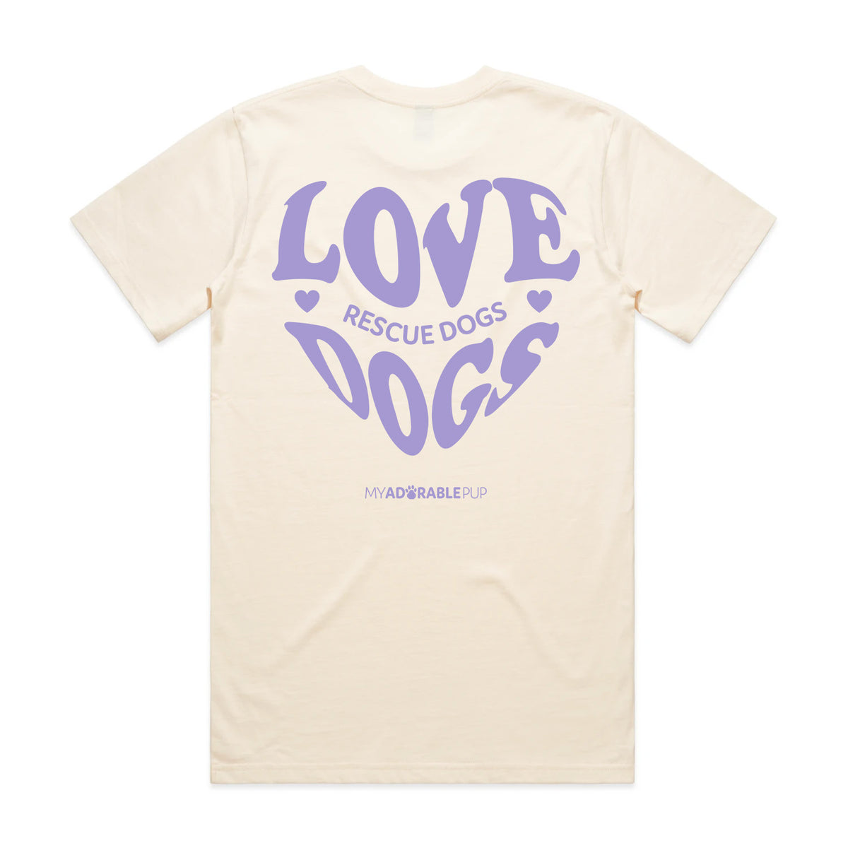 Light natural T-shirt with purple LOVE rescue dogs heart graphic on front