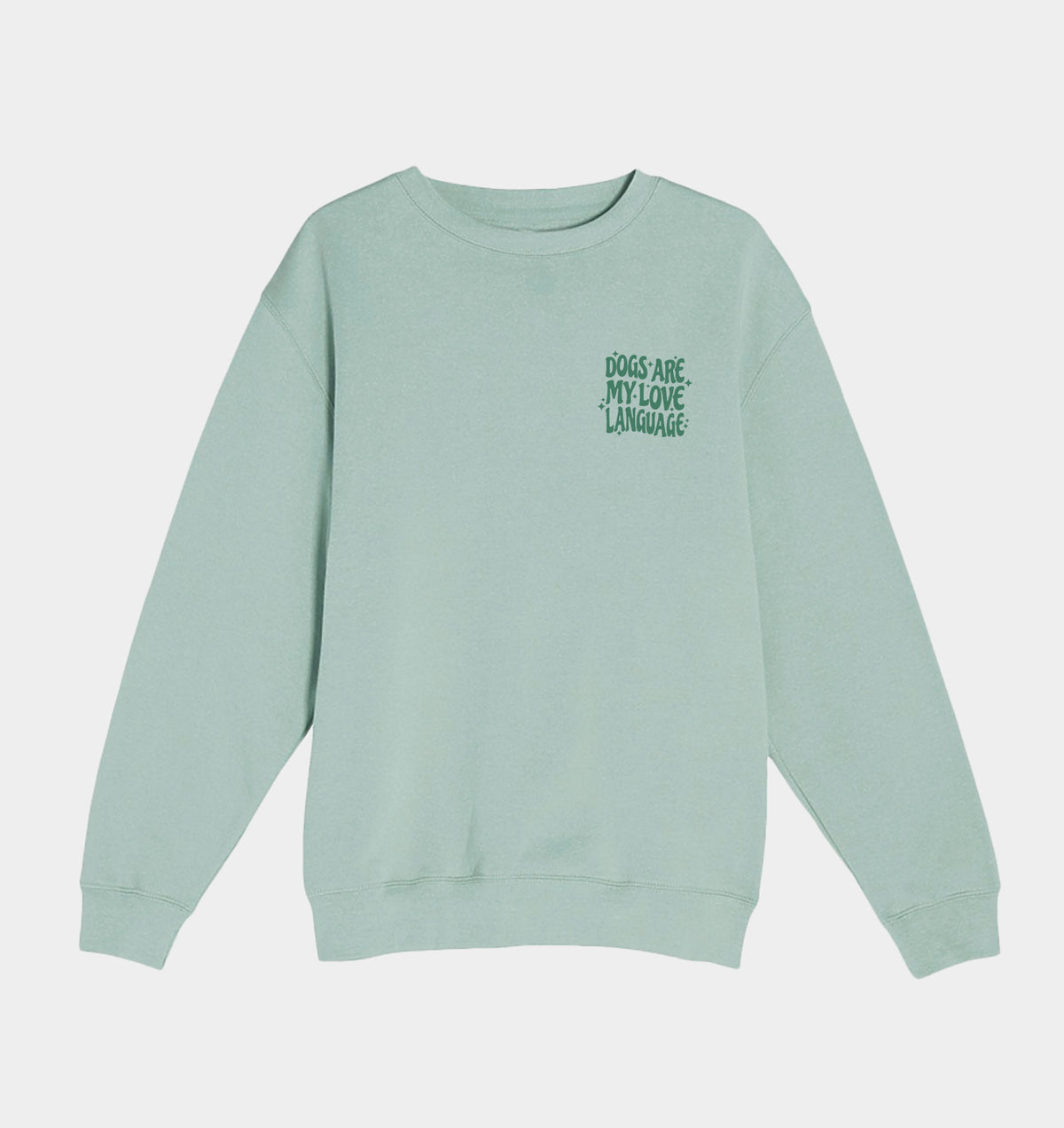 Seafoam green crewneck sweatshirt with small multicolor dog-love graphic on the chest