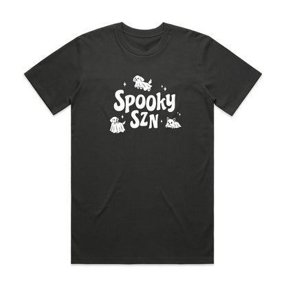 Coal black T-shirt with 'Spooky SZN' ghost graphic