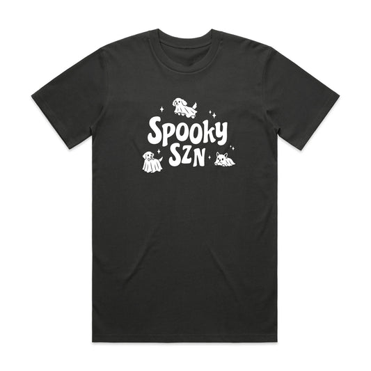 Coal black T-shirt with 'Spooky SZN' ghost graphic