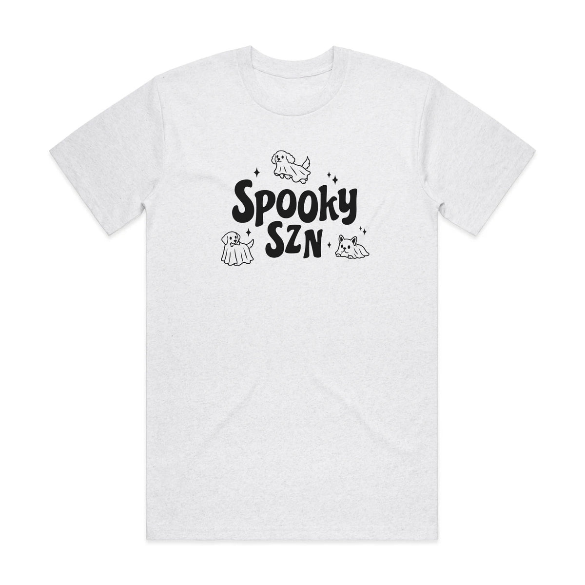 Light heather gray T-shirt with 'Spooky SZN' ghost graphic