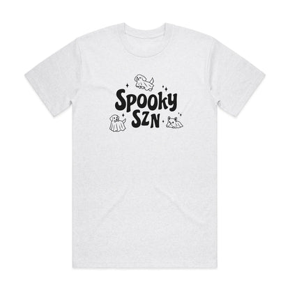 Light heather gray T-shirt with 'Spooky SZN' ghost graphic