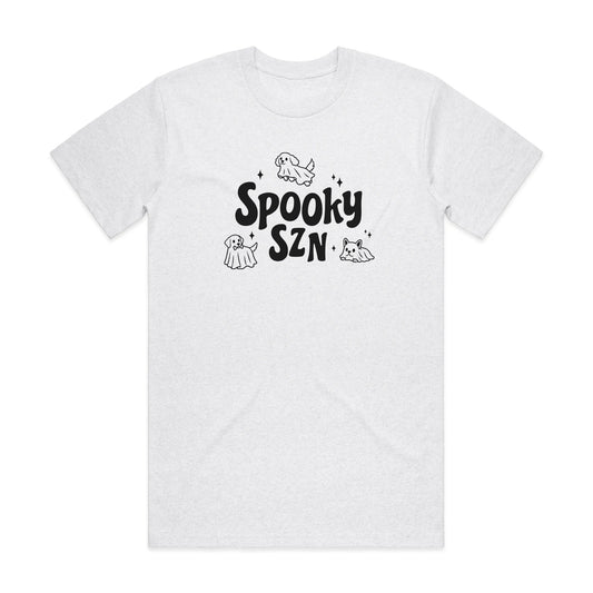 Light heather gray T-shirt with 'Spooky SZN' ghost graphic