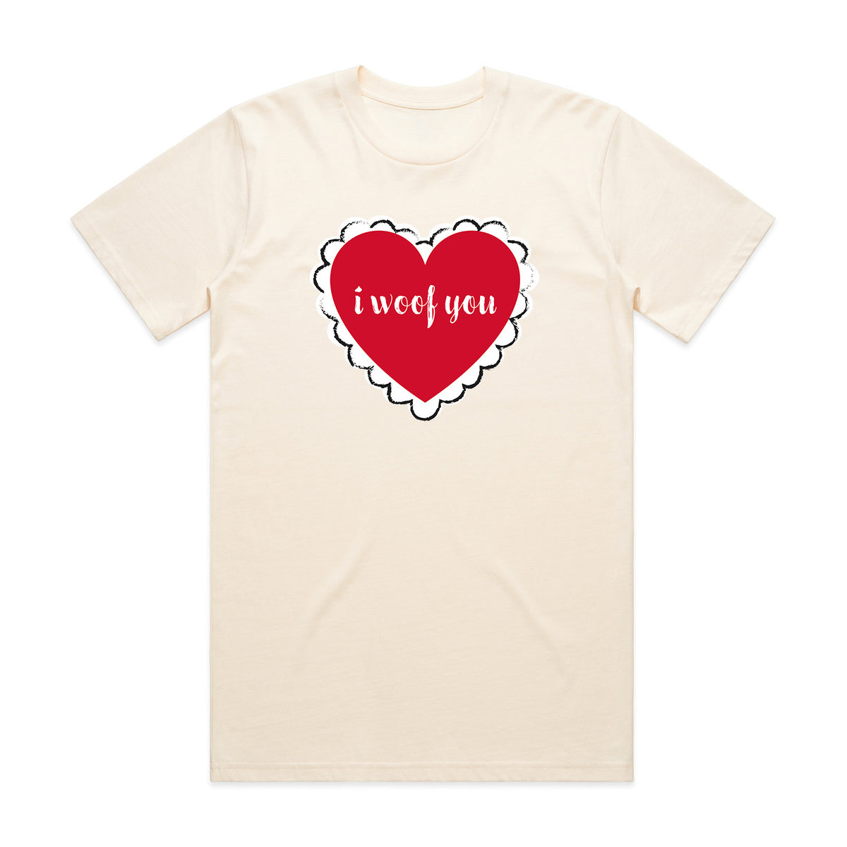 Natural T-shirt with red heart 'I woof you' graphic, short-sleeve crew neck