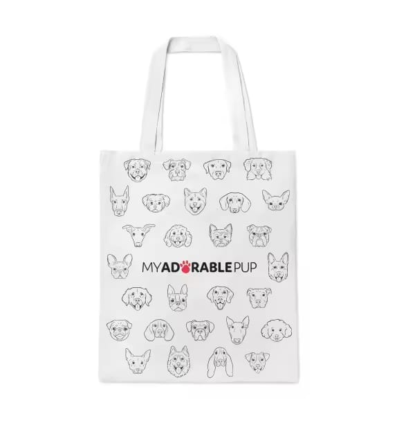 Reusable tote bag with assorted dog face prints and 'MYAD PUP' text